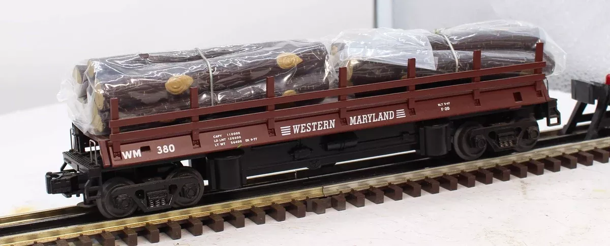 MTH 30-7648 WESTERN MARYLAND Log Dump Car RailKing w/logs O Scale Like New